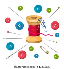 Reel with threads surrounded by pins and needles, buttons vector illustration