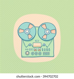 Reel-to-reel audio tape recorder. Handheld reel tape recorder, hand drawn retro illustration with halftone. Suitable for banner, ad, t-shirt design. Vintage tape spool design element