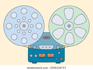 Reel-to-reel audio tape recording. Tape recorder for spool cassettes with magnetic tape. Reel tape recorder.