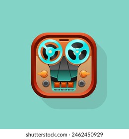 Reel-to-reel tape recorder, retro multimedia device. Stylized volumetric icon, square size, warm brown colors with shadow. Vector illustration.