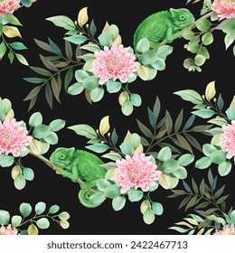 reenery leaves and beautiful chrysantemum watercolor  seamless pattern
