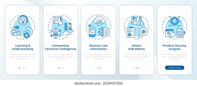 Re-engineering applications blue onboarding mobile app screen. Walkthrough 5 steps editable graphic instructions with linear concepts. UI, UX, GUI template