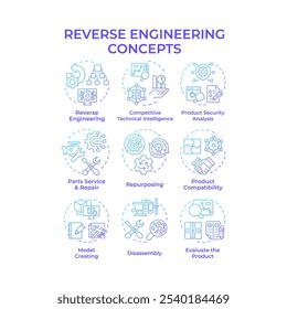 Reengenharia de ícones de conceito de gradiente azul. Engenharia reversa. Desmontagem do produto, redefinição de objetivo. Processo de criação de modelo. Pacote de ícones. Imagens vetoriais. Ilustrações de forma redonda. Ideia abstrata