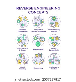 Reengineering multi color concept icons. Reverse engineering. Product disassembly, repurposing. Model creation process. Icon pack. Vector images. Round shape illustrations. Abstract idea