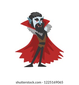  reepy Count Dracula character, vampire wearing in a red cape vector Illustration on a white background