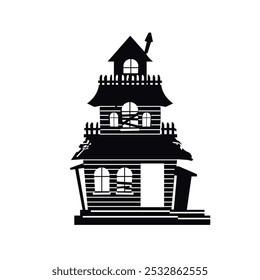 reepy house with fence. Flat illustration of broken and horror building icon, perfect for Halloween.