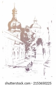 Refectory church of the monastery in the Kyiv city. Vector traced hand drawn pencil sketch landscape 