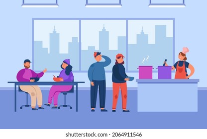 Refectory Interior And Girl Cooking For Poor People. Homeless Cartoon Men And Women Eating Food In Night Shelter Flat Vector Illustration. Poverty, Support Concept For Banner Or Landing Web Page