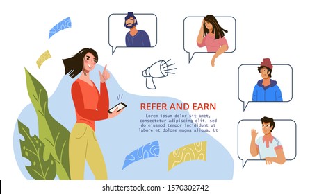 Refer and Earn advertising banner for business referral program with friends, people cartoon character sharing information about sale and discount. Refer a friend suggestion, flat vector illustration.