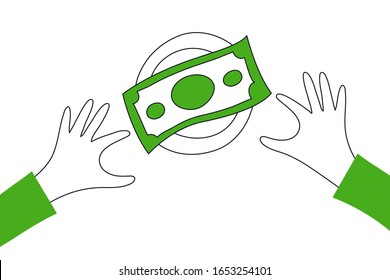 Refer and earn, dollar on the plate and hands around it. Friends referral and make money concept. Flat line isolated 
 vector icon illustration on white.