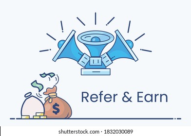 Refer And Earn, Refer A Friend Or Referral Marketing Concept. Suitable For Web Landing Page, UI, Mobile App, Banner Template, Affiliate Marketing, Online Business. Invite Friends, Earn Prizes. Vector.