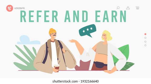 Refer and Earn Landing Page Template. Characters Referral Program Strategy, Network Marketing, Affiliate Partnership Concept. Man Woman Chatting, Referring Friends. Cartoon People Vector Illustration