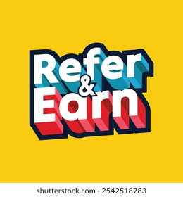 Consulte e ganhe o logotipo com efeito de texto 3d isolado no plano de fundo amarelo. Banner do programa de indicação, modelo, adesivo, crachá, etiqueta. Consulte uma ilustração de vetor de tipografia moderna amiga.