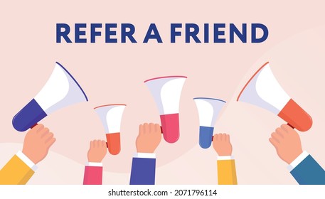 Refer and earn. Vector illustration in flat design. People holding colorful loudspeakers on beige wavy background