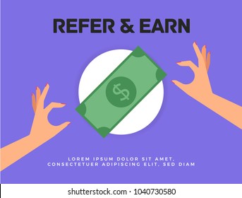 Refer And Earn Vector Illustration Of Hands And Dollar Currency Bill. Friends Referral Concept.