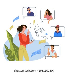 Refer a friend  advertising banner for business referral program. People sharing information about sale and discount. Refer a friend marketing concept, flat vector illustration.