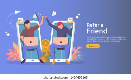 refer a friend affiliate partnership and earn money. marketing concept strategy. people character sharing referral business. template for web landing page, banner, presentation,poster, or print media