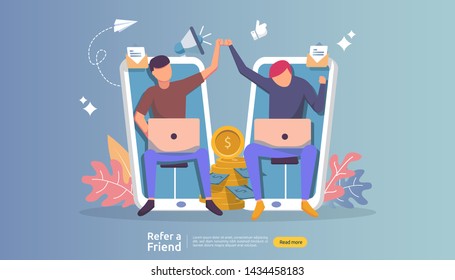 refer a friend affiliate partnership and earn money. marketing concept strategy. people character sharing referral business. template for web landing page, banner, presentation,poster, or print media