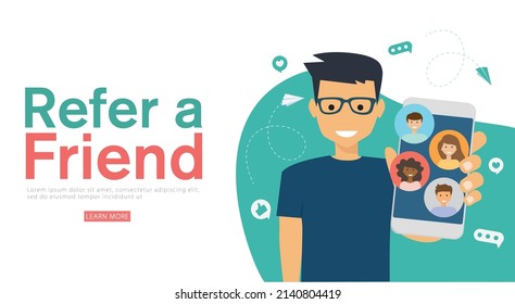 refer a friend affiliate partnership and earn money. marketing concept strategy.template for web landing page, banner, vector illustration