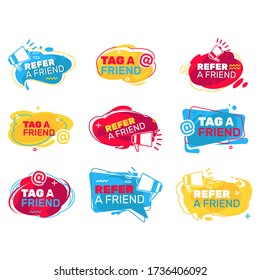 Refer a friend announcement elements set. Dynamic organic shapes with loudspeakers and text. Vector illustrations for referral program, recommending, network, business concept