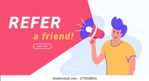 Refer A Friend And Audience Announcement On Loudspeaker. Flat Line Vector Illustration Of Cute Man Standing And Shouting With Red Megaphone To Invite New Clients. Notification Or Join Alert Red Banner