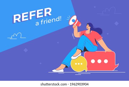 Refer a friend an audience announcement on loudspeaker. Flat line vector illustration of cute woman sitting on speech bubbles and shouting with megaphone to invite new users for social media