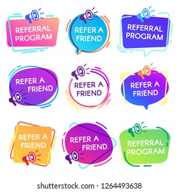 Refer friend badges. Referral program badge, salesperson megaphone marketing sticker and refer friends shopping label. Business referral recommendations or suggestions program vector isolated icon set