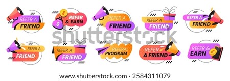 Refer a friend badges vector set. Employee referral program stickers. Speech bubbles with smartphone, megaphone icons. Marketing design labels, signs for recommendation, business network collaboration