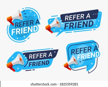 Refer A Friend Banner Label Badge Set. Referral Program Vector Illustration