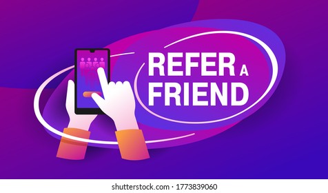 Hacer referencia a un banner de amigo - programa de referencia elemento de marketing social -teléfono en manos tocando a la pantalla con avatares humanos - banner web vectorial