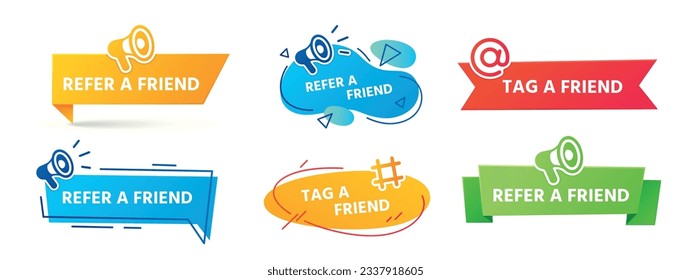 Refer friend banner. Referral program at work, colleague recommendation for money compensation. Tagging person at social media, share announcement post sticker with loudpeaker isolated vector set