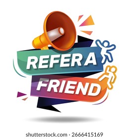 Empfehlen Sie ein Freund-Banner. Vektorgrafik des Empfehlungsprogramms. Design-Layout für Recruiter. Megaphon-Banner für Empfehlungsprogramm, Social-Media-Marketing, Informationsaustausch, Empfehlungen.