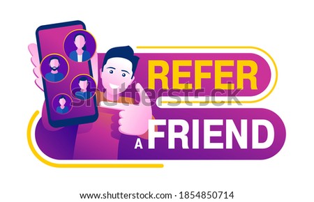 Refer a friend banner for referral programs and actions - young man holding phone and shows to his friends (people icons, avatars) - vector illustration with bright purple background