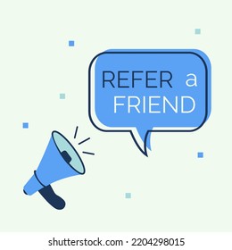 Refer a friend blue banner with a megaphone and speech bubble