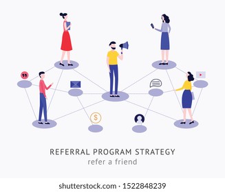 Refer A Friend Business Strategy Concept People Communication Vector Illustration Isolated On White Background. Referral Program Diagram Icon For Ui And Web.
