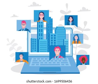Refer a friend in city, social media with a businessman and businesswoman on speech bubbles in computer. Vector illustration for web banner, infographics, mobile. 