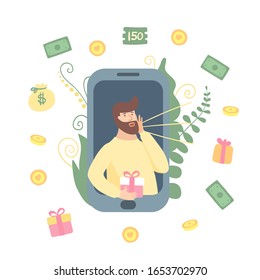 Refer a friend concept. Attract friend. Boy attract people from the phone with present. Friend sharing referral code concept. Referral marketing strategy banner, landing page, mobile app - vector
