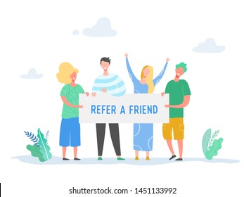 Refer a friend concept with banner and business character people holding sign, smiling man and woman illustration. Friendship, leadership, business team, social diversity concept in vector