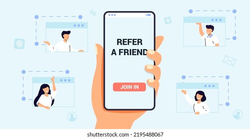 Refer a friend concept Business partnership strategy Phone with friends contacts Social media marketing Influence blogger promotion services and goods for his followers online Vector illustration