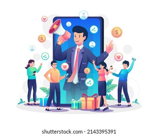 Refer a friend concept with businessman shout on megaphone come out from a big smartphone. Referral or Digital Marketing and Advertising. Flat style vector illustration