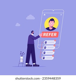 Refer a friend concept. Businessman with a smartphone and contacts of friends. Earnings on an affiliate or referral program