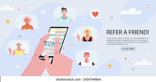 Refer a friend concept with cartoon hands holding a phone with a list of friends contacts. Refferal marketing strategy  banner, landing page template, ui, web, mobile app, poster, banner, flyer.