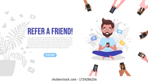 Refer a friend concept with cartoon hands holding a phone. Referral marketing strategy banner, landing page template, ui, web, mobile app, poster, banner, flyer. Flat cartoon vector illustration.