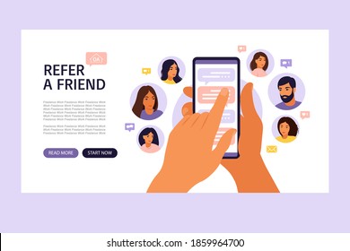 Refer a friend concept with cartoon hands holding a phone with a list of friends contacts. Referral marketing strategy banner, landing page template, ui, web, mobile app, poster, banner, flyer.