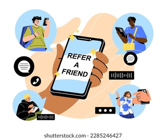 Refer friend concept. Character holds smartphone and invites friends. Marketing in social networks and Internet, advertising and promotion. Earn rewards, money bonus. Cartoon flat vector illustration