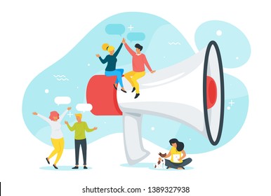 Refer a friend concept with cheerful people silhouettes and exaggerated megaphone. Group of friends or clients are talking to each other. Vector illustration isolated on white background.