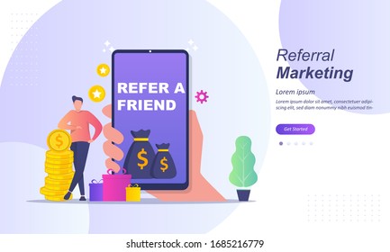 Refer A Friend Concept Design, Customer referral, People share info about referral and earn money. Suitable for web landing page, ui, mobile app, banner template. Vector Illustration