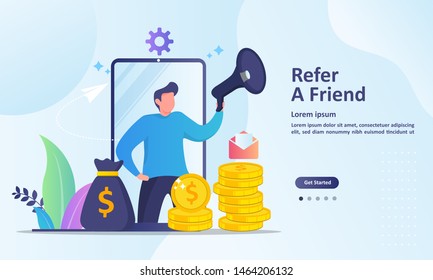 Refer A Friend Concept Design, People share info about referral and earn money. Suitable for web landing page, ui, mobile app, banner template. Vector Illustration