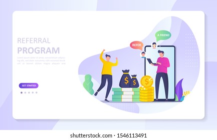 Refer A Friend Concept Design, People share info about referral and earn money. Suitable for web landing page, ui, mobile app, banner template. Vector Illustration