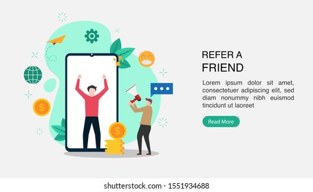 Refer A Friend Concept Design, People share info about referral and earn money from smartphone online. Suitable for web landing page, ui, mobile app, banner template. Vector Illustration